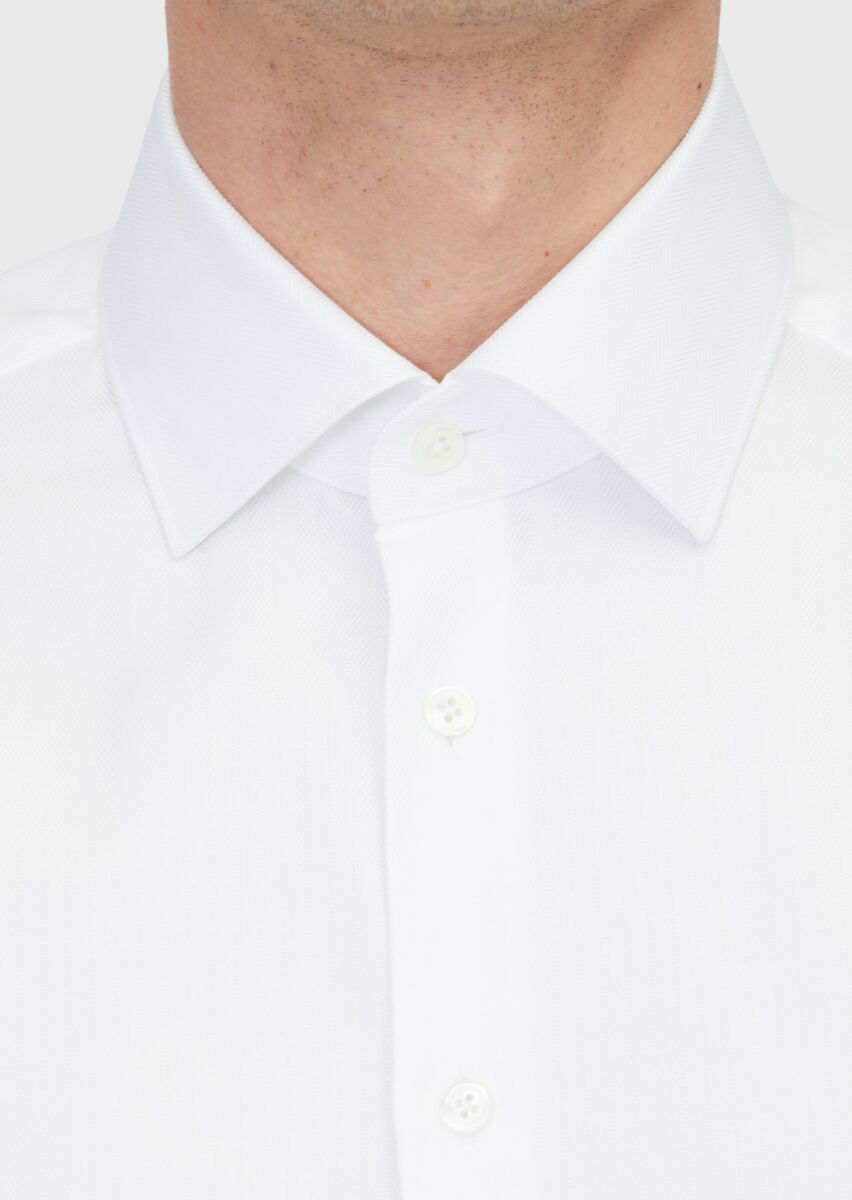 White Patterned Regular Fit Long Weaving Classical 100% Cotton Shirt - 5