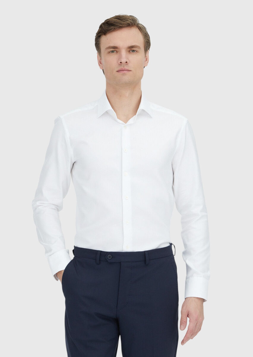 White Patterned Regular Fit Long Weaving Classical 100% Cotton Shirt - 1