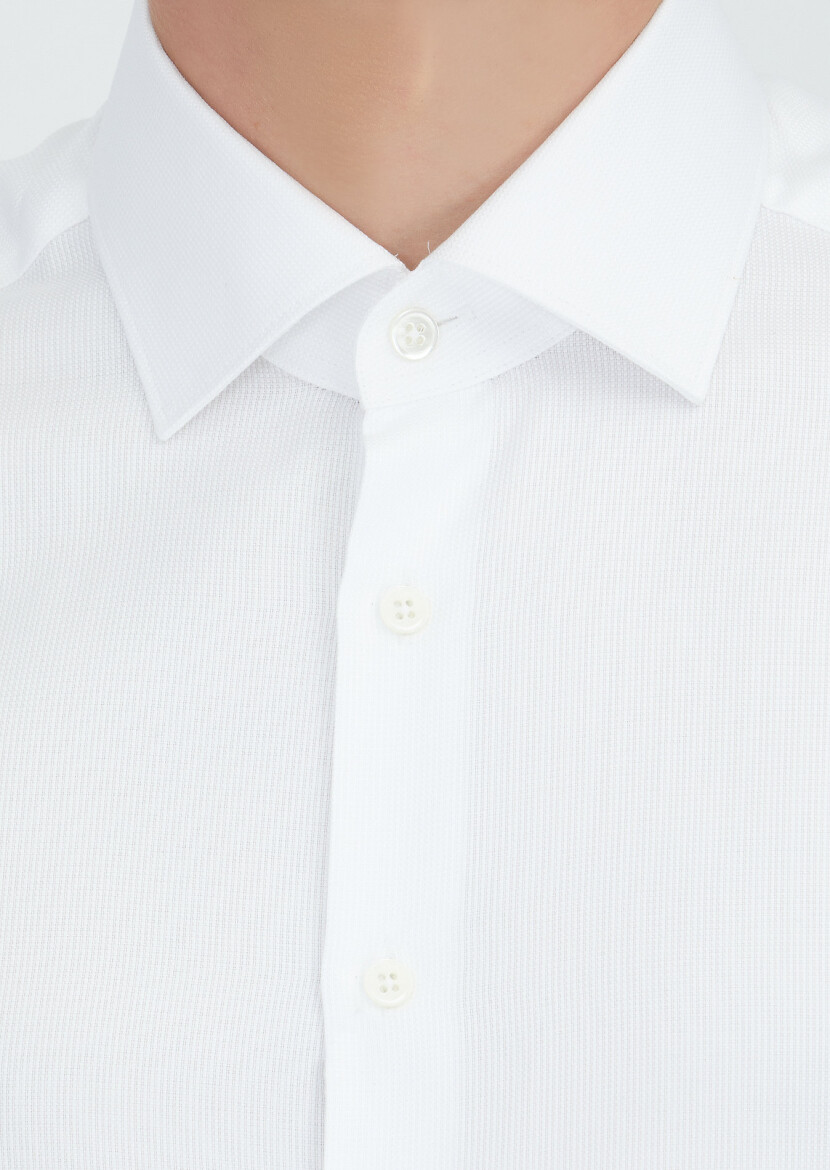White Patterned Regular Fit Long Weaving Classical 100% Cotton Shirt - 3