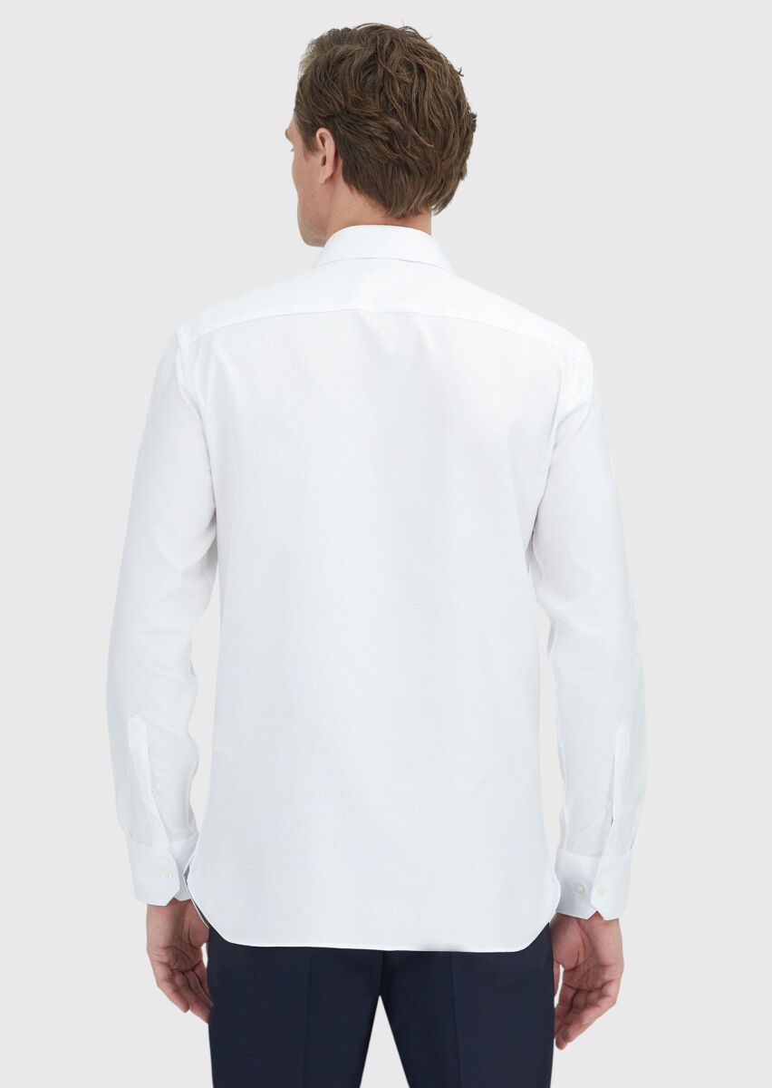 White Patterned Regular Fit Long Weaving Classical 100% Cotton Shirt - 4