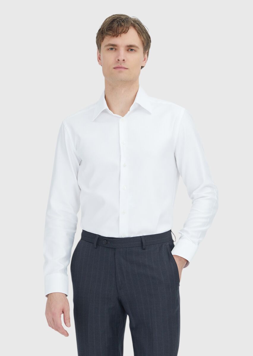 White Patterned Regular Fit Long Weaving Classical 100% Cotton Shirt - 1