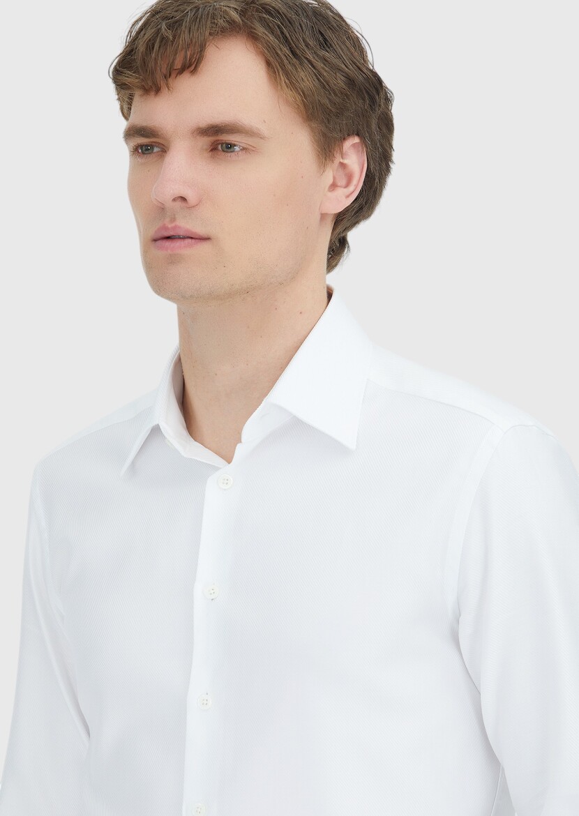 White Patterned Regular Fit Long Weaving Classical 100% Cotton Shirt - 3