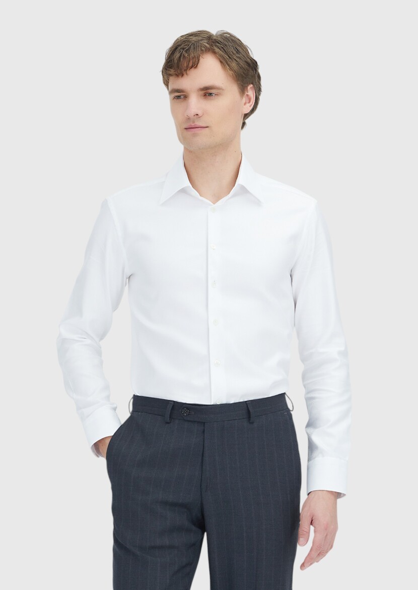 White Patterned Regular Fit Long Weaving Classical 100% Cotton Shirt - 4