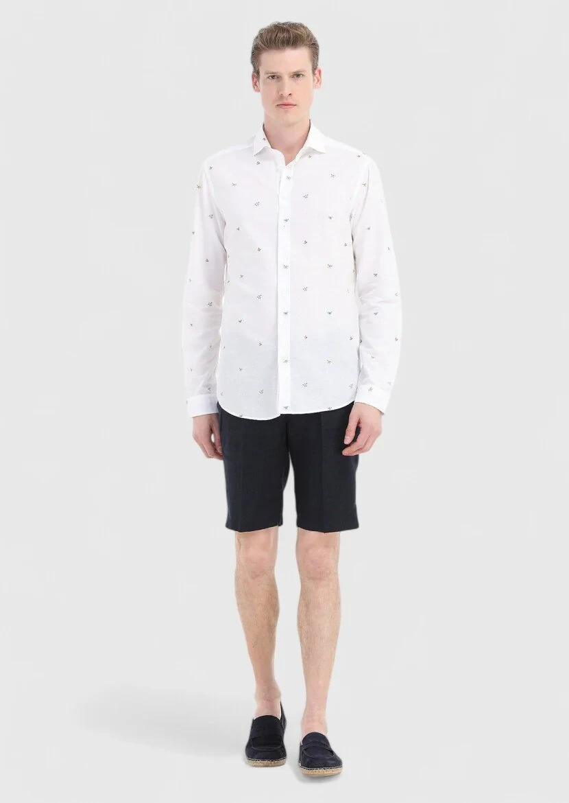 White Patterned Regular Fit Weaving Casual Cotton Blended Shirt - 1