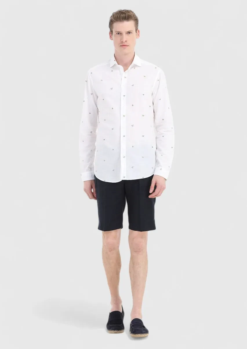 White Patterned Regular Fit Weaving Casual Cotton Blended Shirt - 1