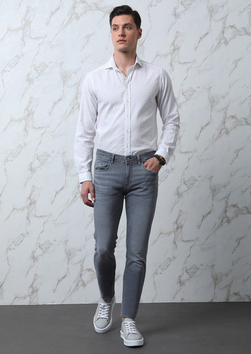 White Patterned Regular Fit Weaving Casual Cotton Blended Shirt - 3