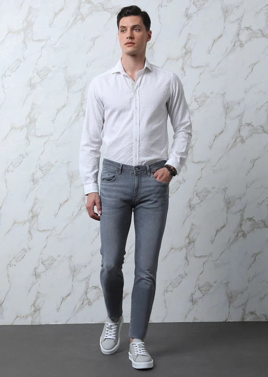 White Patterned Regular Fit Weaving Casual Cotton Blended Shirt - 3