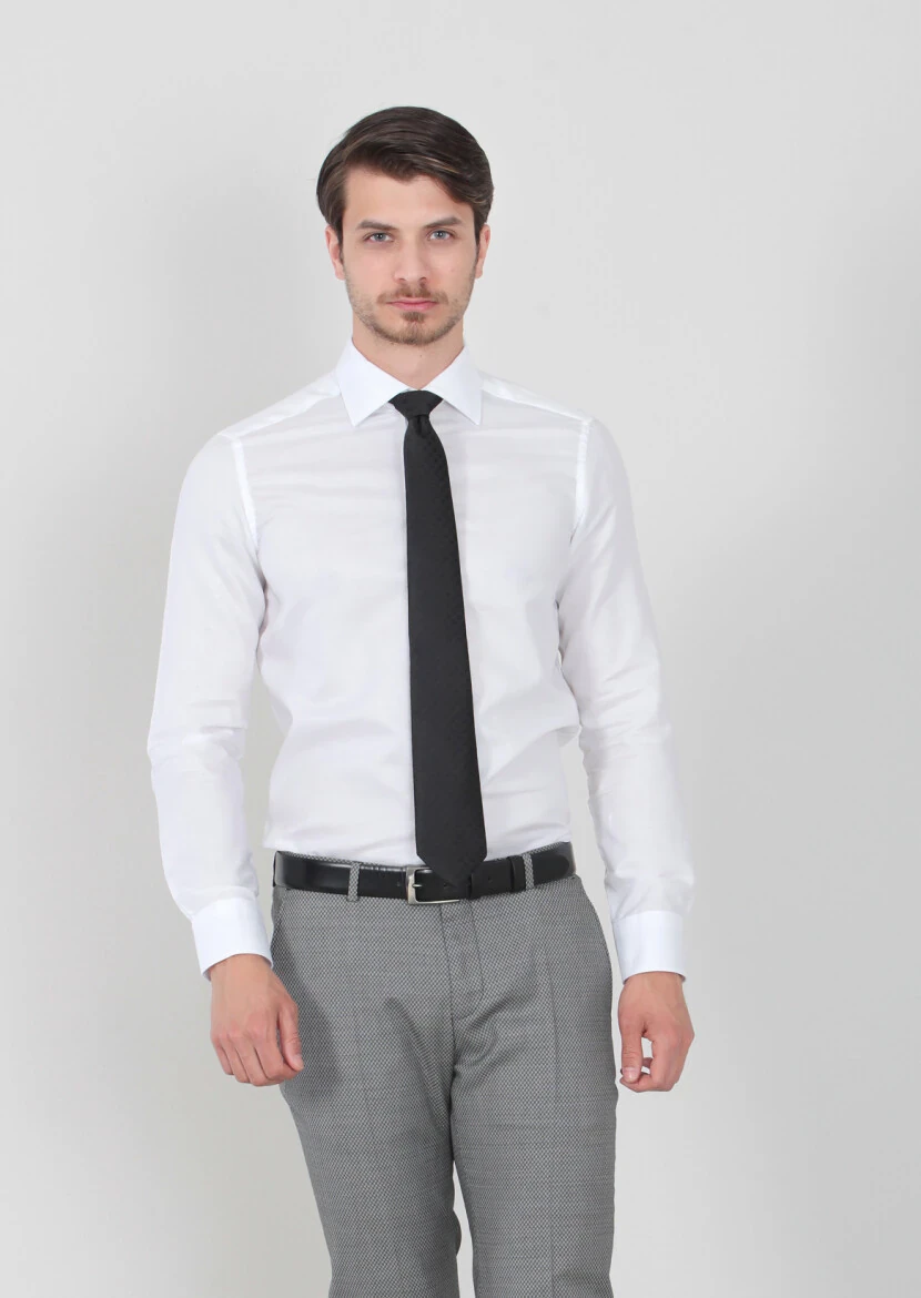 White Patterned Regular Fit Weaving Classical 100% Cotton Shirt - 1