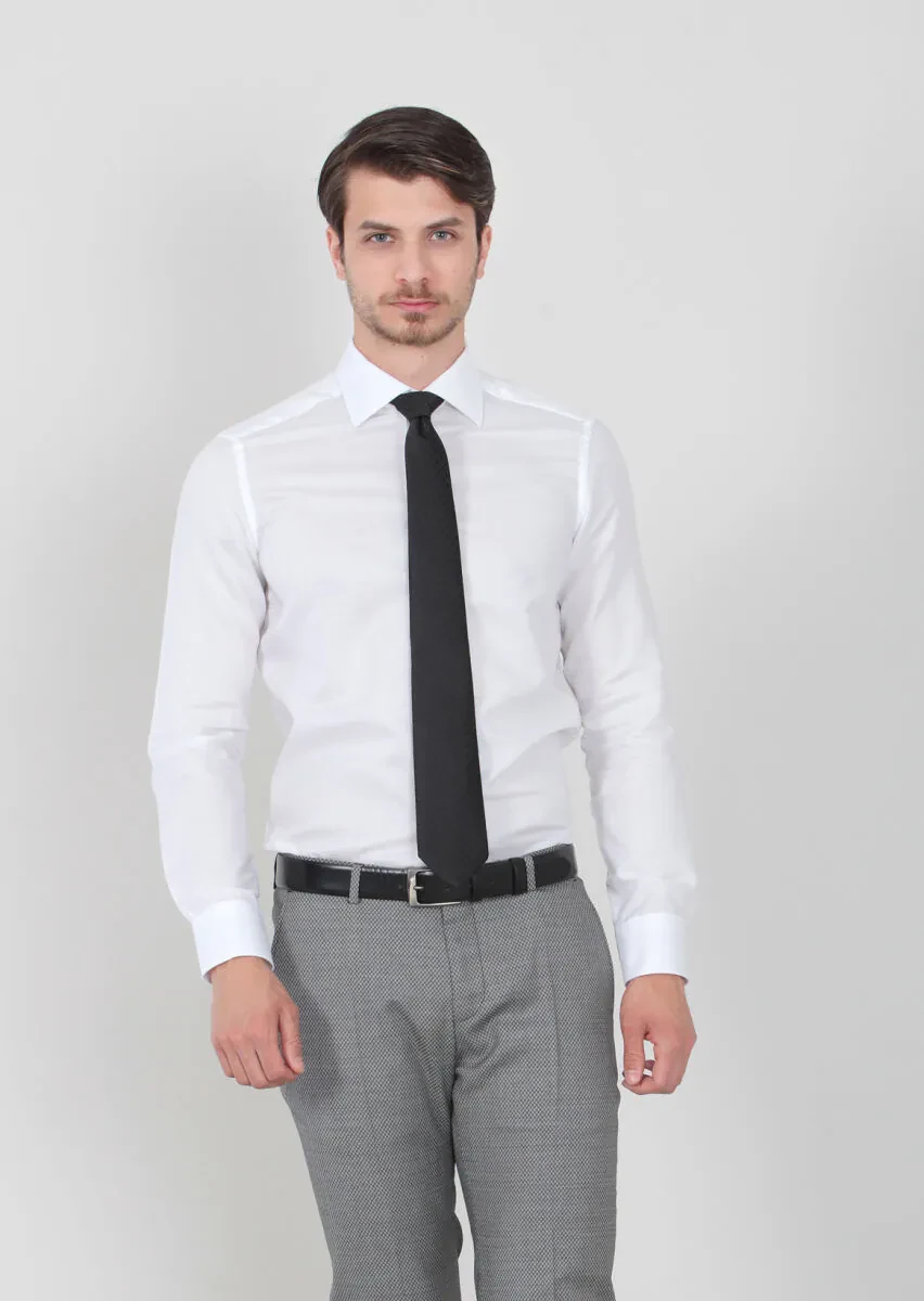 White Patterned Regular Fit Weaving Classical 100% Cotton Shirt - 1