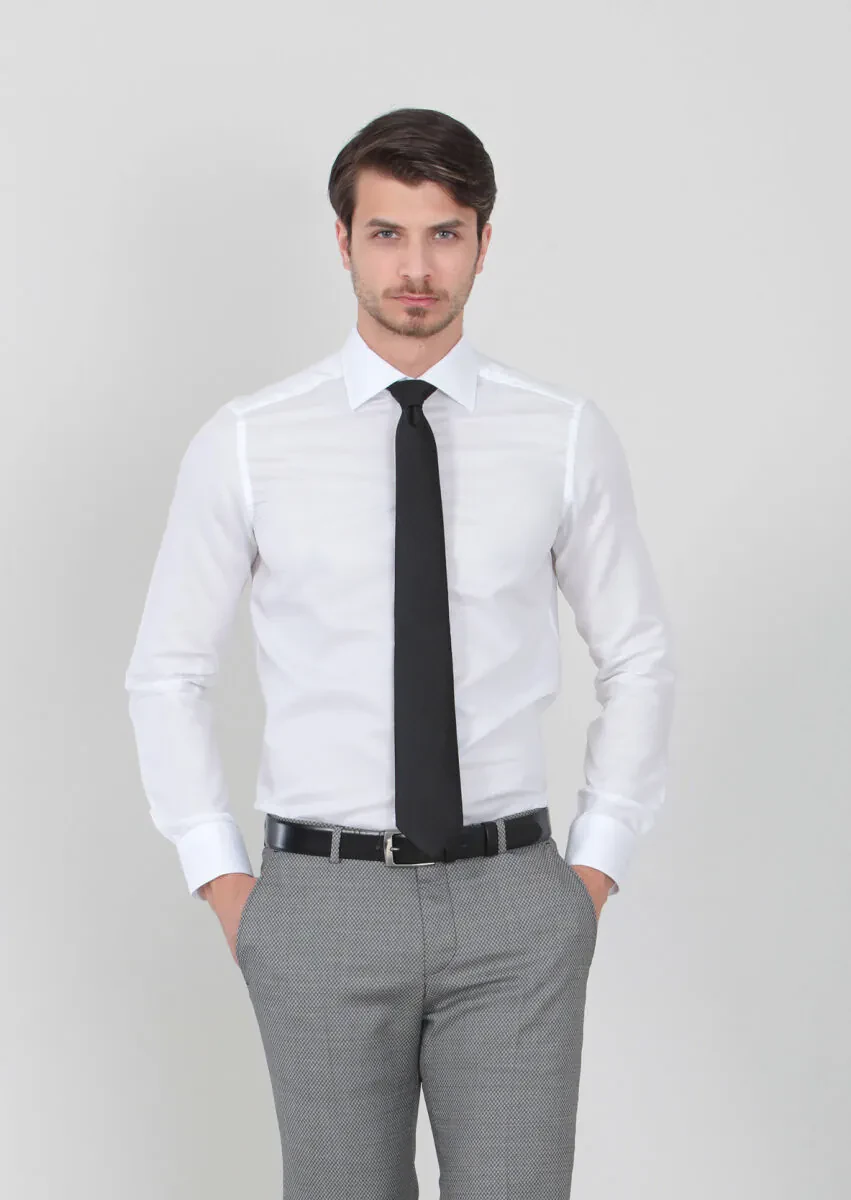 White Patterned Regular Fit Weaving Classical 100% Cotton Shirt - 2