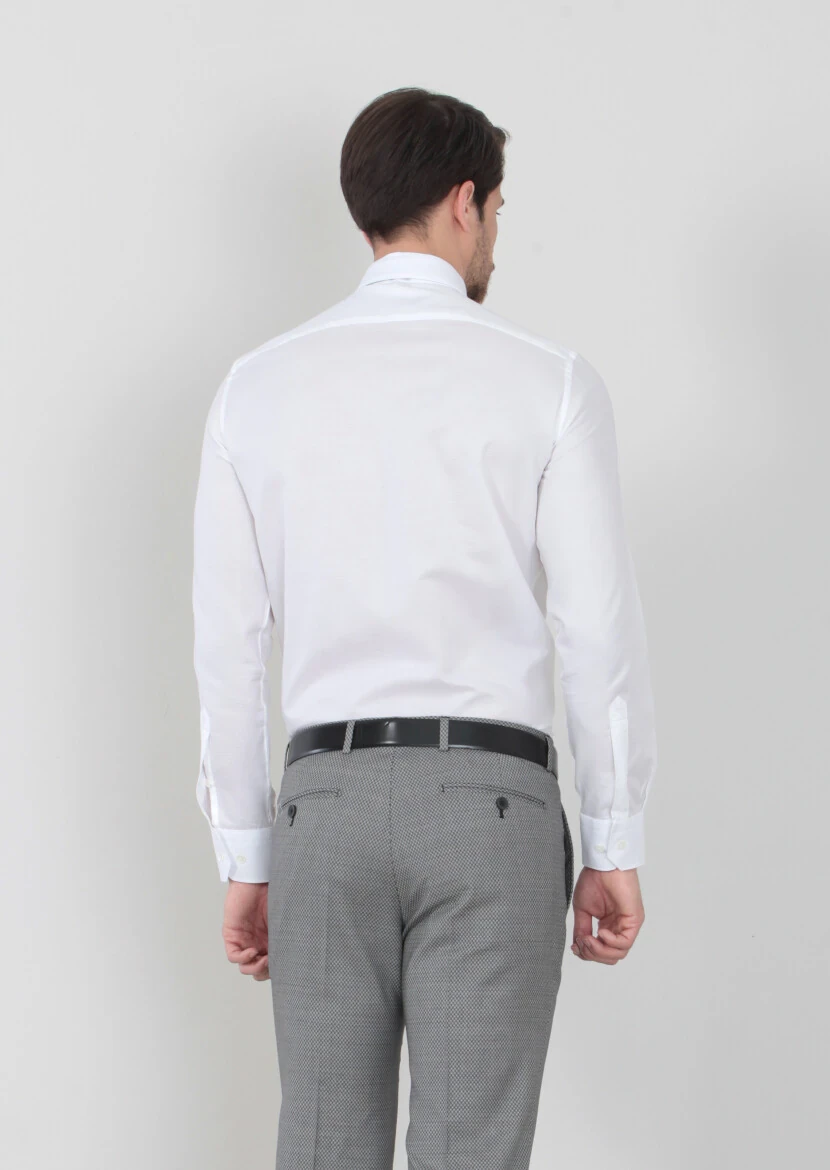 White Patterned Regular Fit Weaving Classical 100% Cotton Shirt - 4