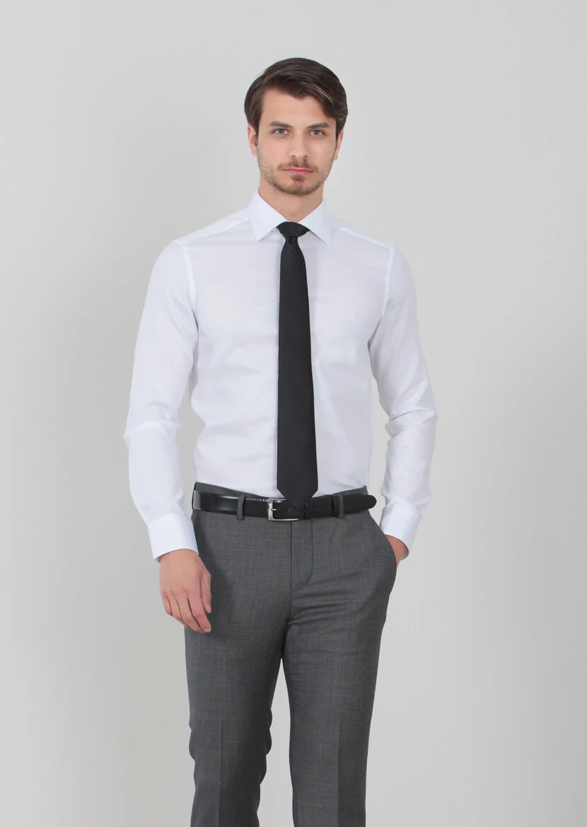 White Patterned Regular Fit Weaving Classical 100% Cotton Shirt - 1