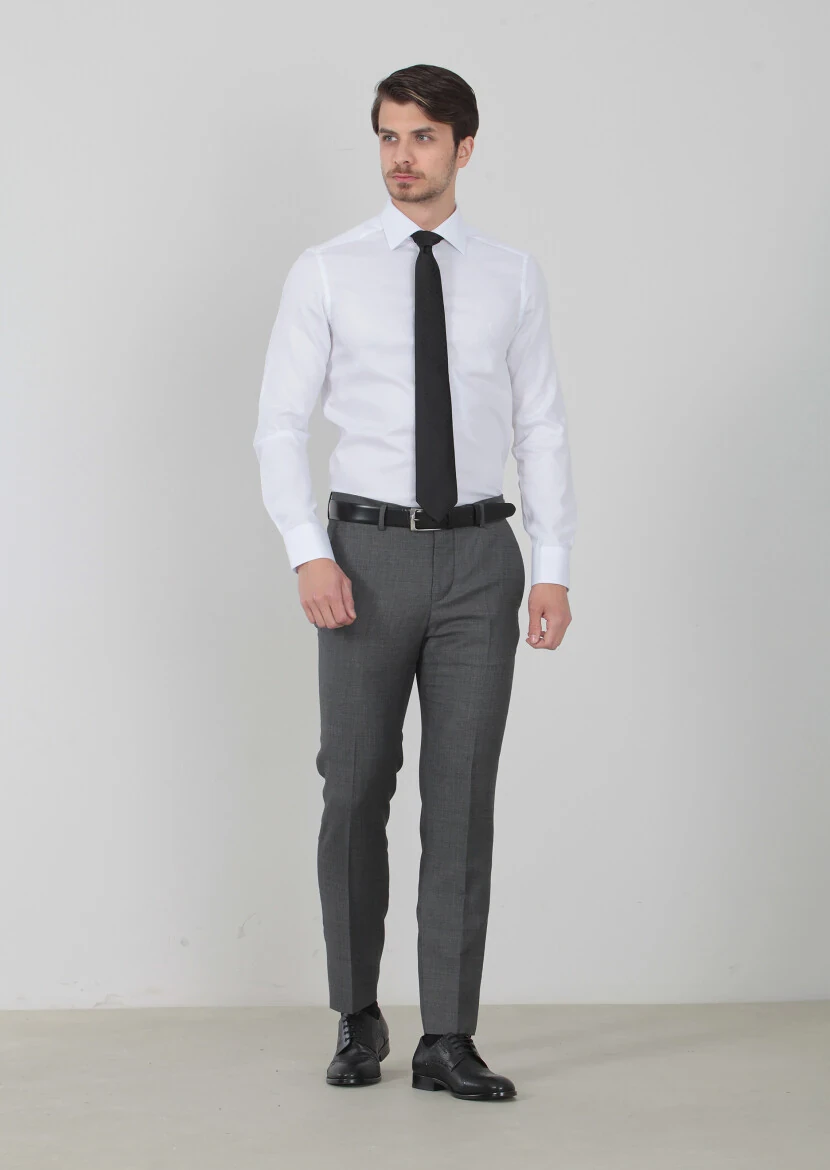 White Patterned Regular Fit Weaving Classical 100% Cotton Shirt - 2