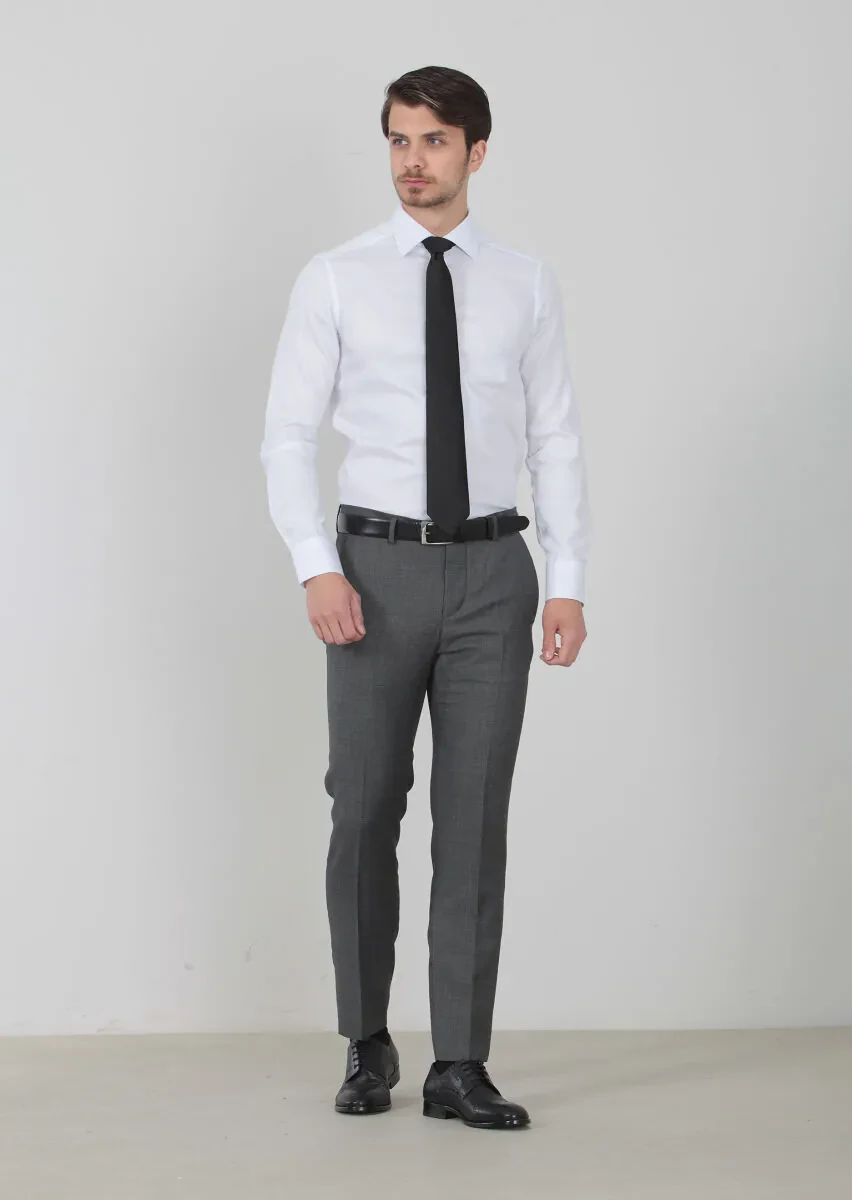 White Patterned Regular Fit Weaving Classical 100% Cotton Shirt - 2