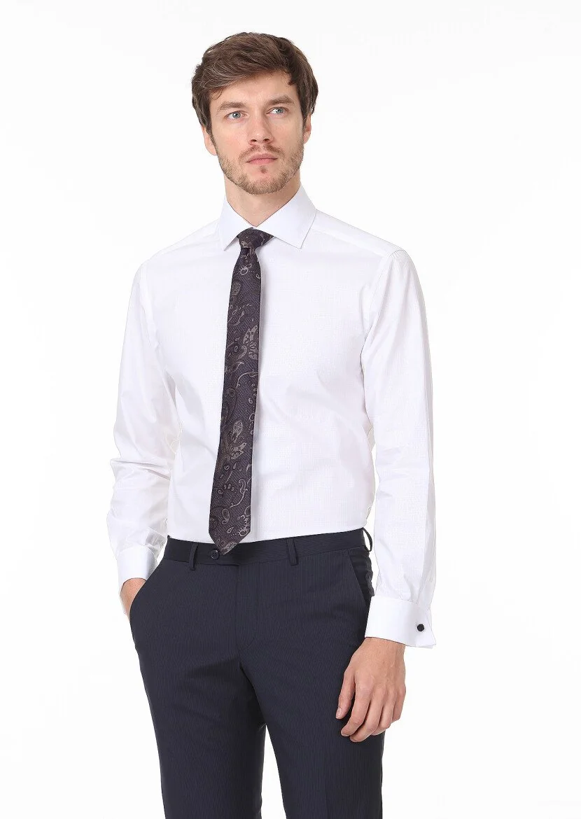 White Patterned Regular Fit Weaving Classical 100% Cotton Shirt - 1