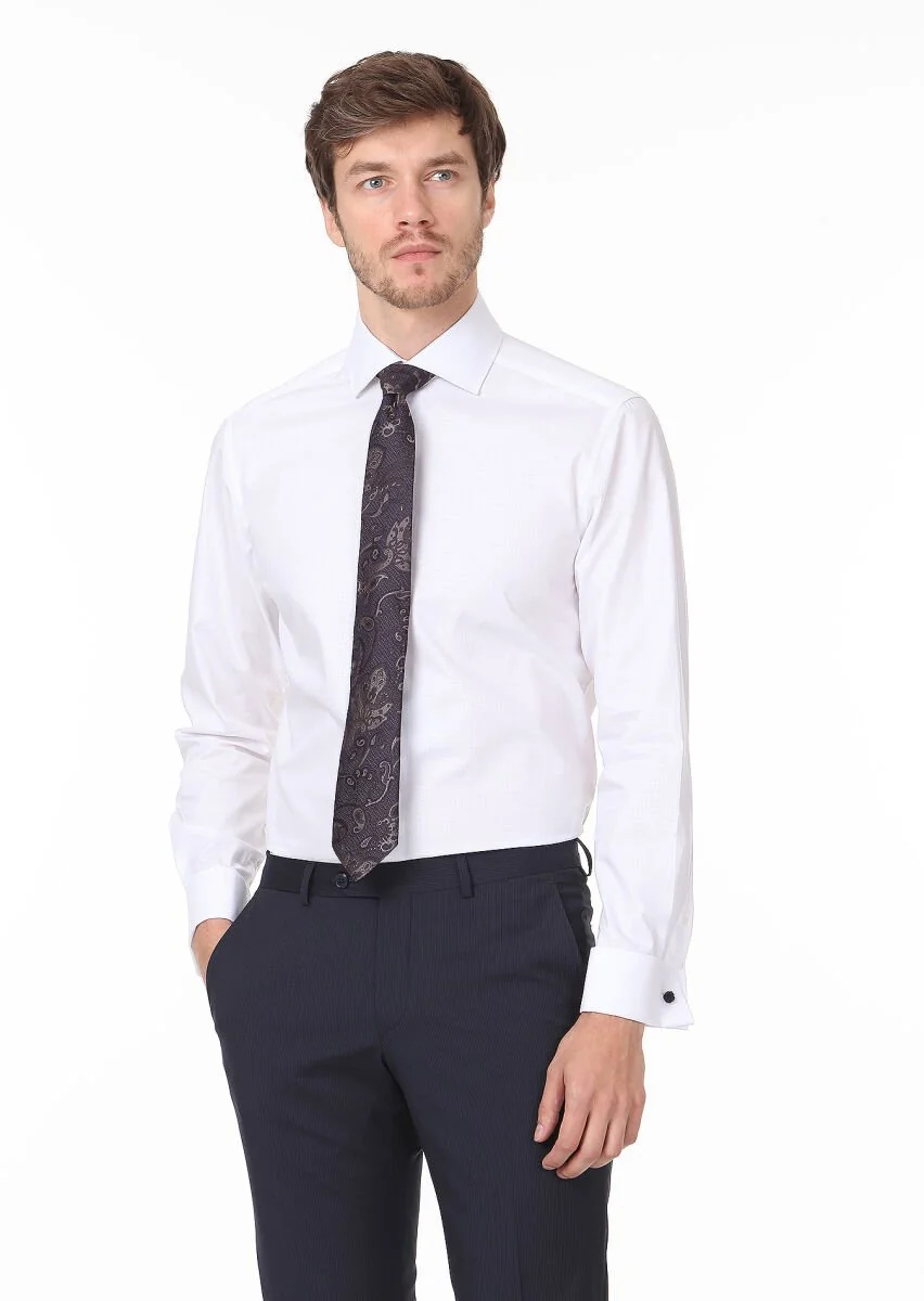 White Patterned Regular Fit Weaving Classical 100% Cotton Shirt - 1