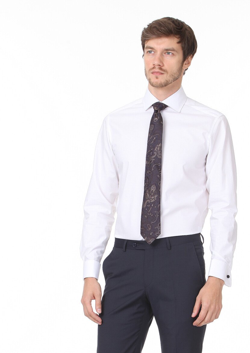 White Patterned Regular Fit Weaving Classical 100% Cotton Shirt - 3