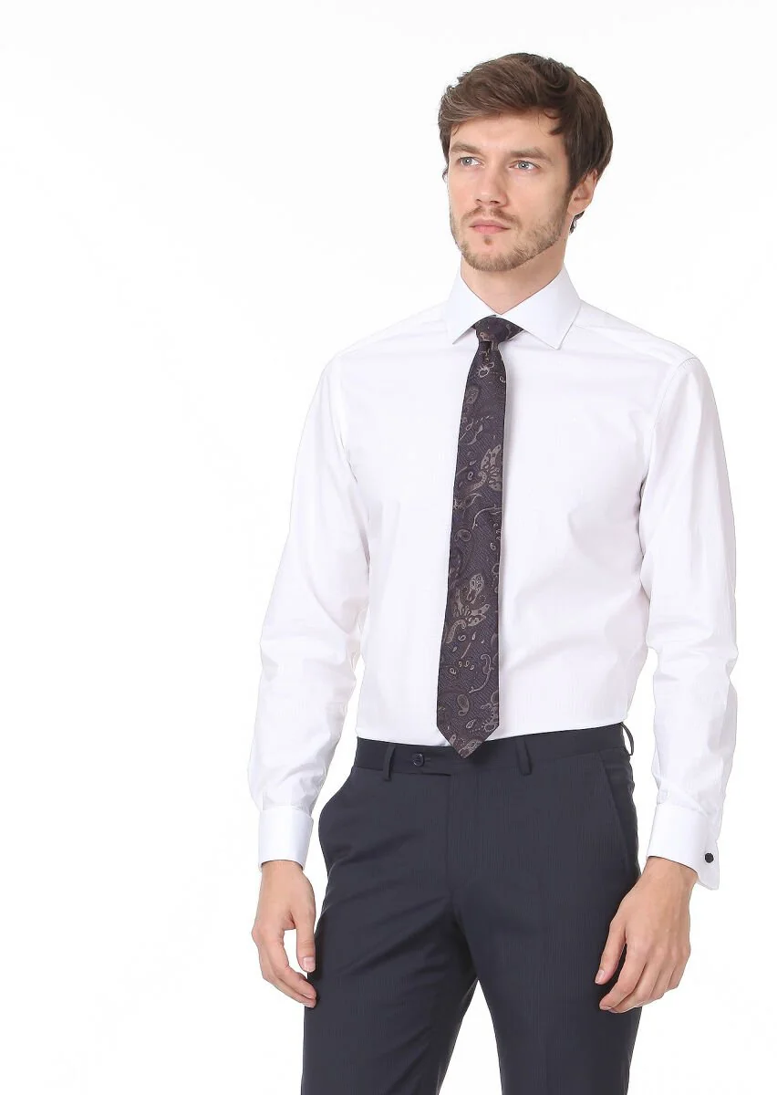 White Patterned Regular Fit Weaving Classical 100% Cotton Shirt - 3