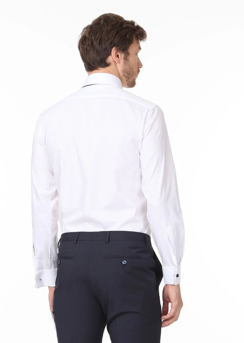 White Patterned Regular Fit Weaving Classical 100% Cotton Shirt - 4