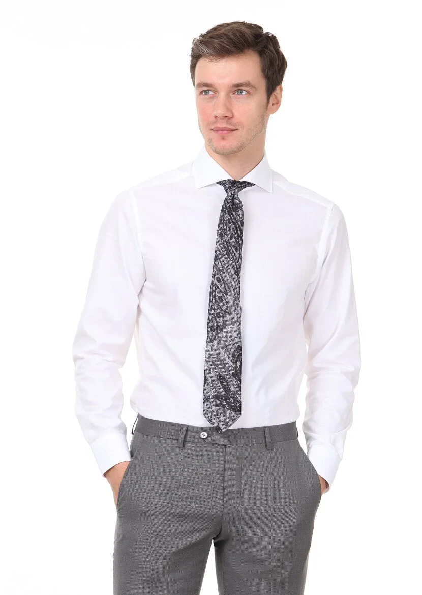White Patterned Regular Fit Weaving Classical 100% Cotton Shirt - 1