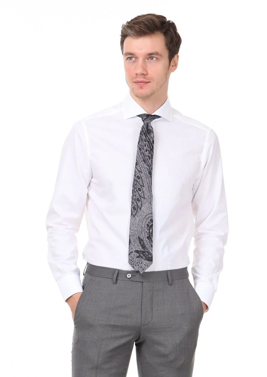 White Patterned Regular Fit Weaving Classical 100% Cotton Shirt - 1
