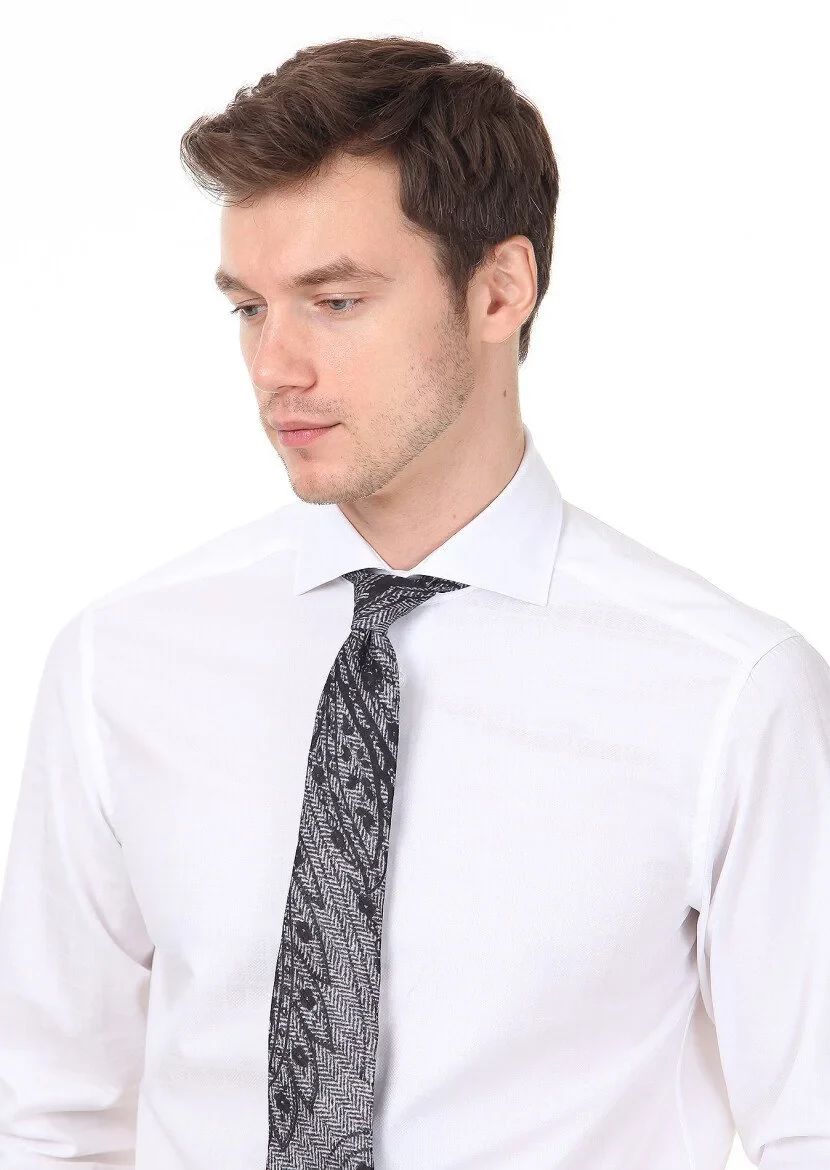 White Patterned Regular Fit Weaving Classical 100% Cotton Shirt - 2