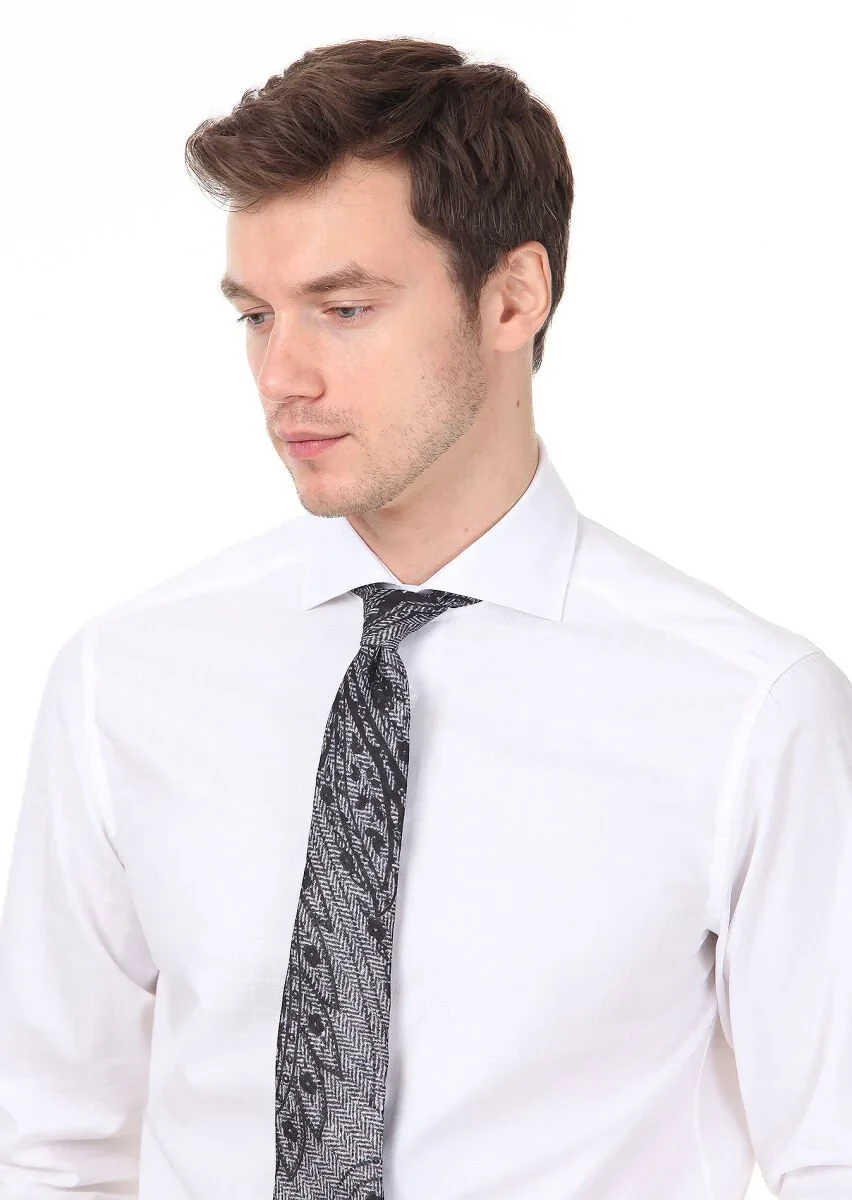 White Patterned Regular Fit Weaving Classical 100% Cotton Shirt - 2