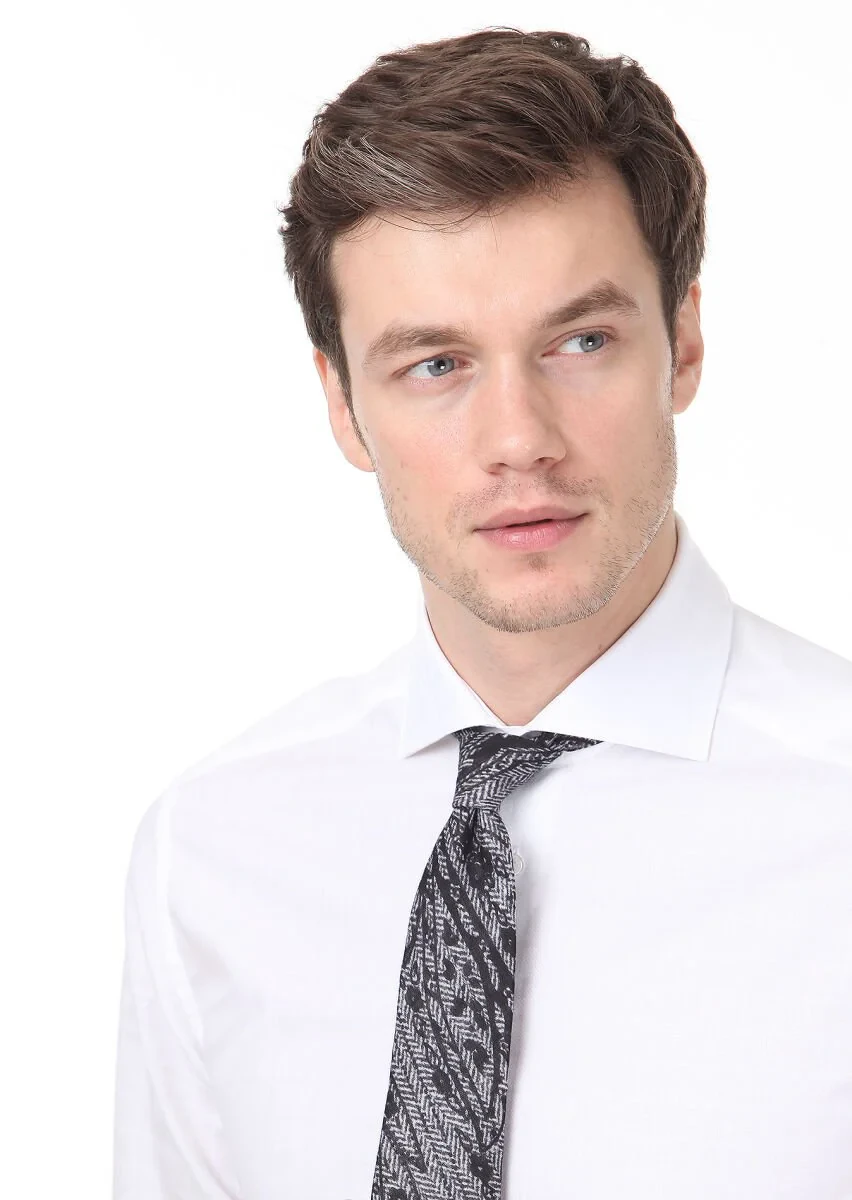 White Patterned Regular Fit Weaving Classical 100% Cotton Shirt - 3
