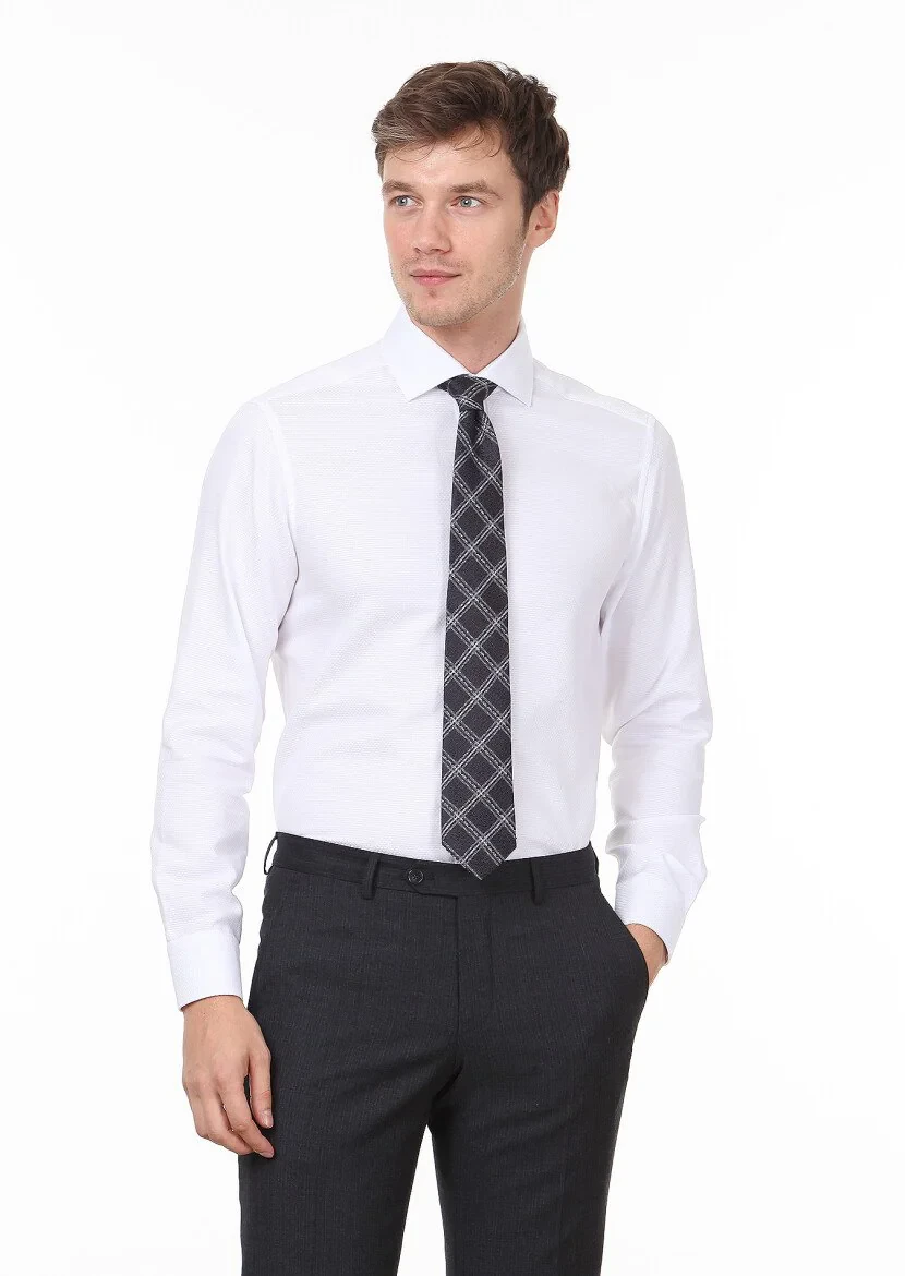 White Patterned Regular Fit Weaving Classical 100% Cotton Shirt - 1