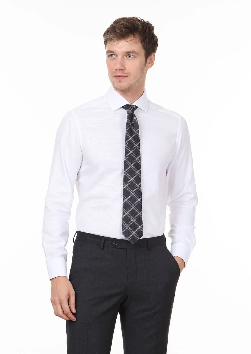 White Patterned Regular Fit Weaving Classical 100% Cotton Shirt - 1