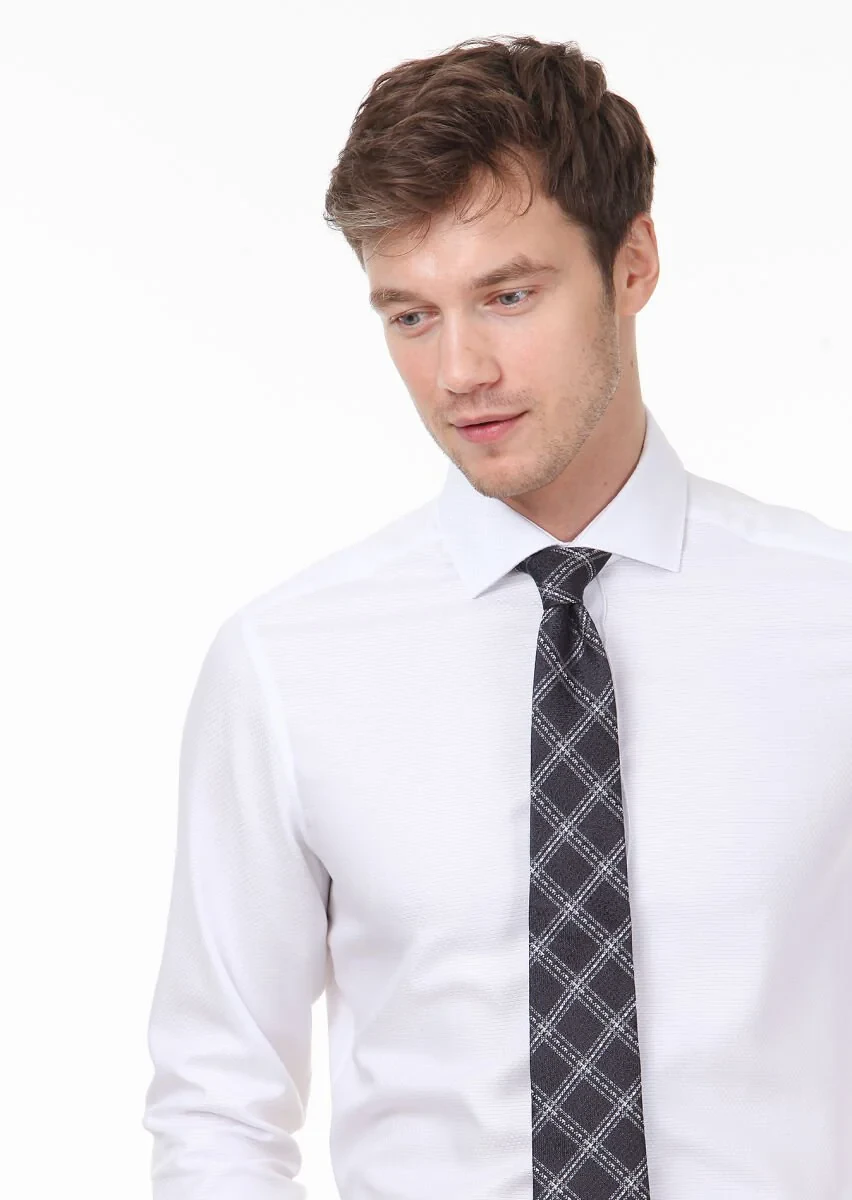 White Patterned Regular Fit Weaving Classical 100% Cotton Shirt - 2