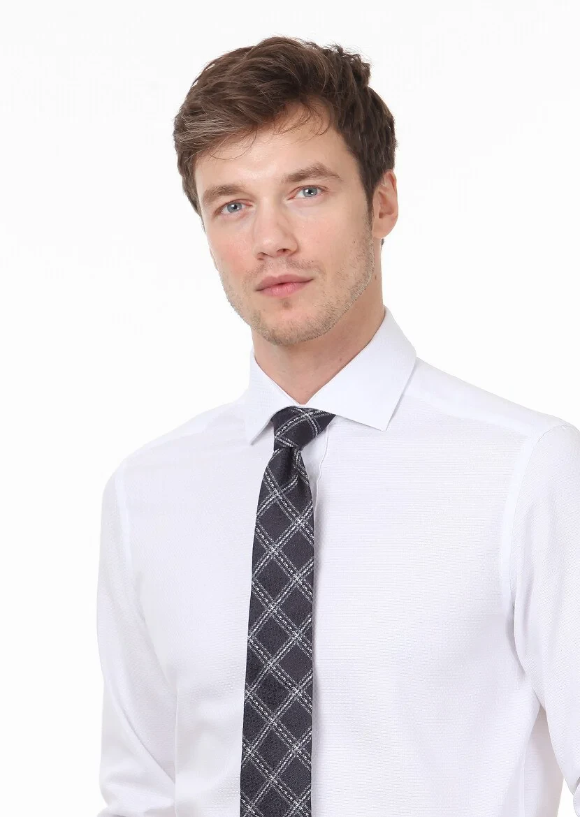 White Patterned Regular Fit Weaving Classical 100% Cotton Shirt - 3