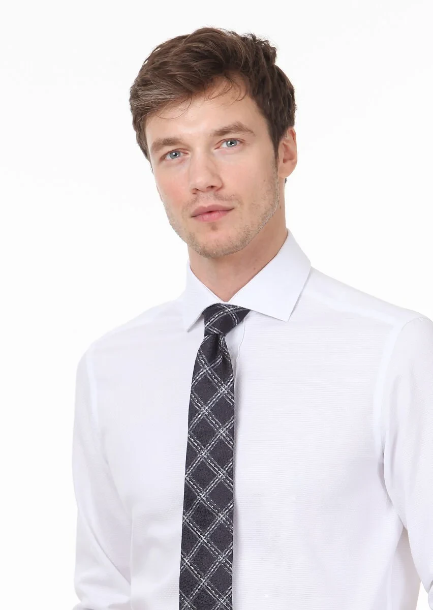 White Patterned Regular Fit Weaving Classical 100% Cotton Shirt - 3