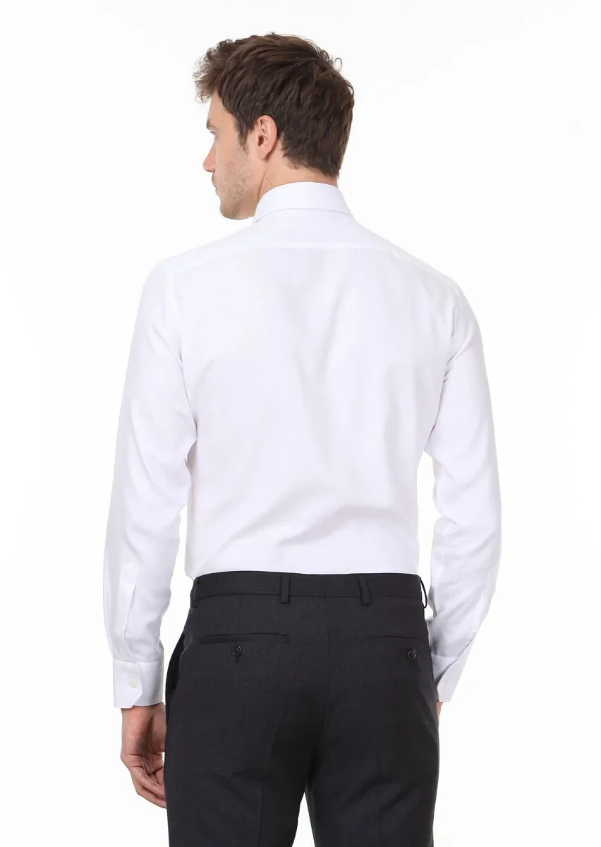 White Patterned Regular Fit Weaving Classical 100% Cotton Shirt - 4