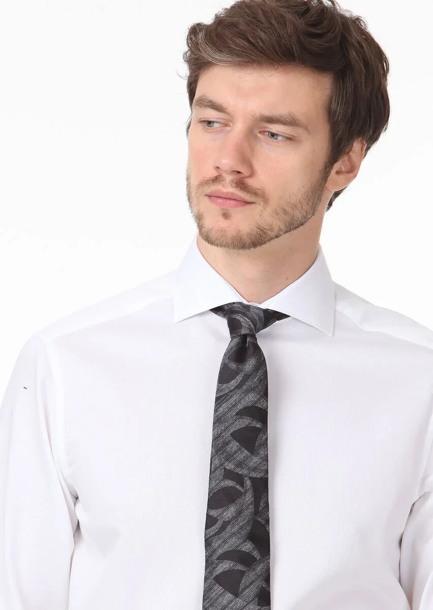 White Patterned Regular Fit Weaving Classical 100% Cotton Shirt - 2