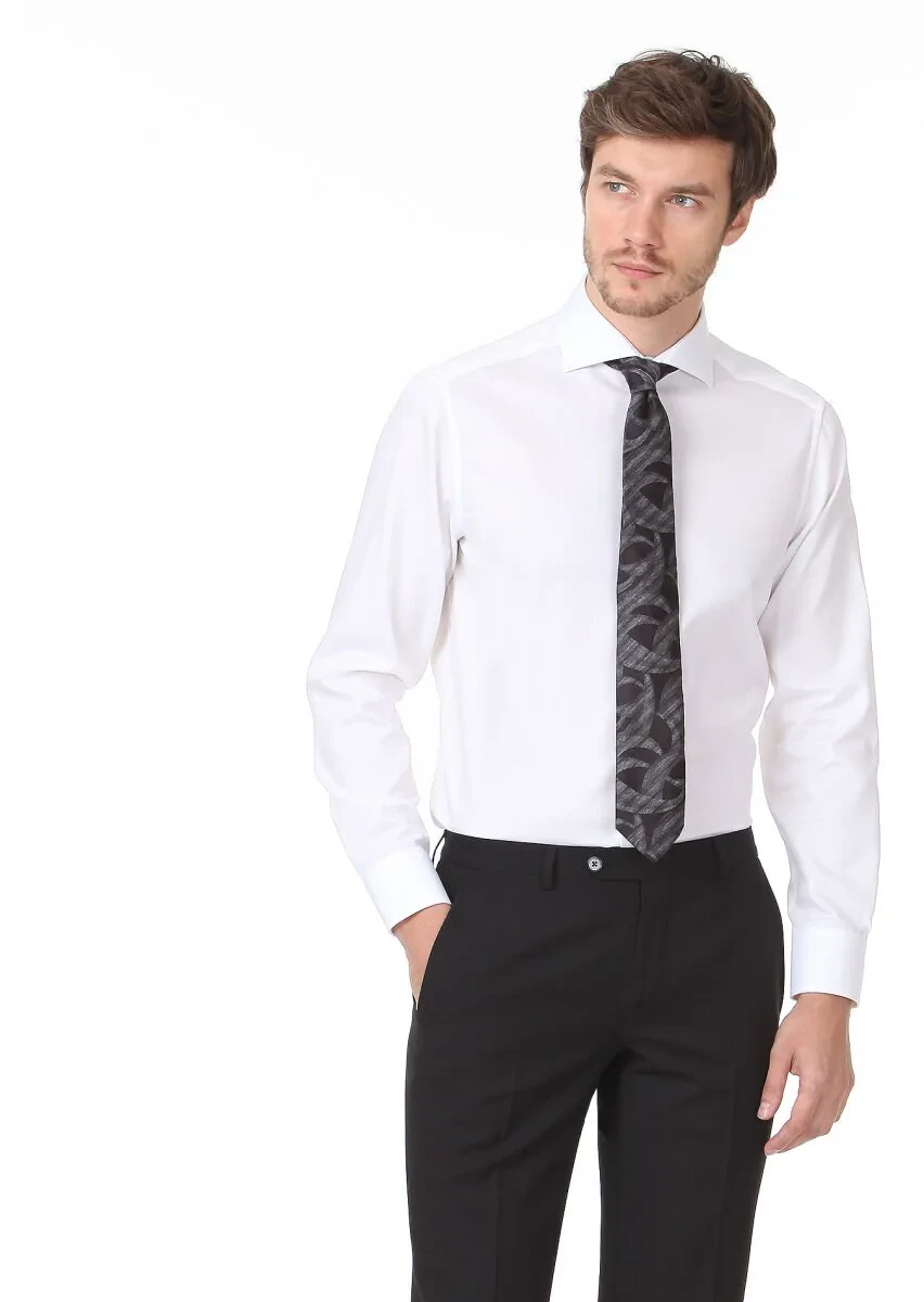 White Patterned Regular Fit Weaving Classical 100% Cotton Shirt - 3