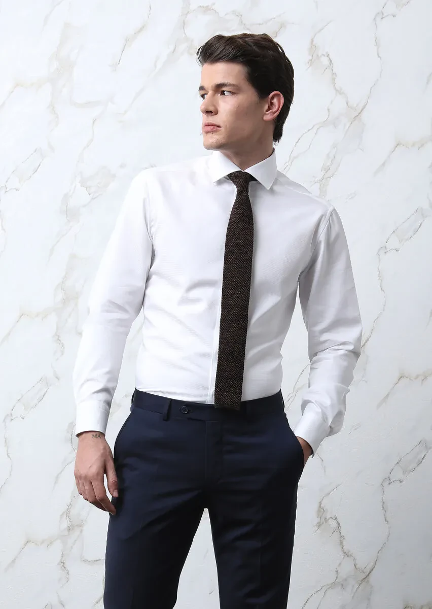 White Patterned Regular Fit Weaving Classical 100% Cotton Shirt - 1