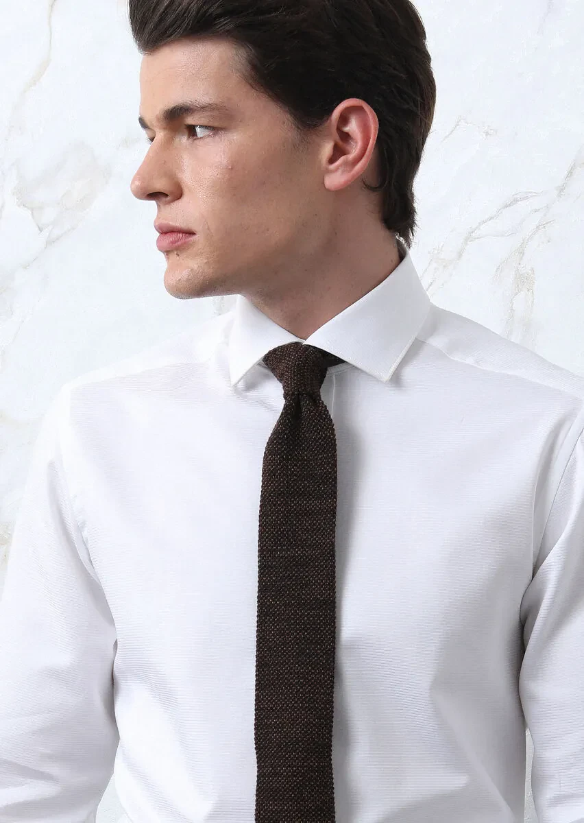 White Patterned Regular Fit Weaving Classical 100% Cotton Shirt - 4