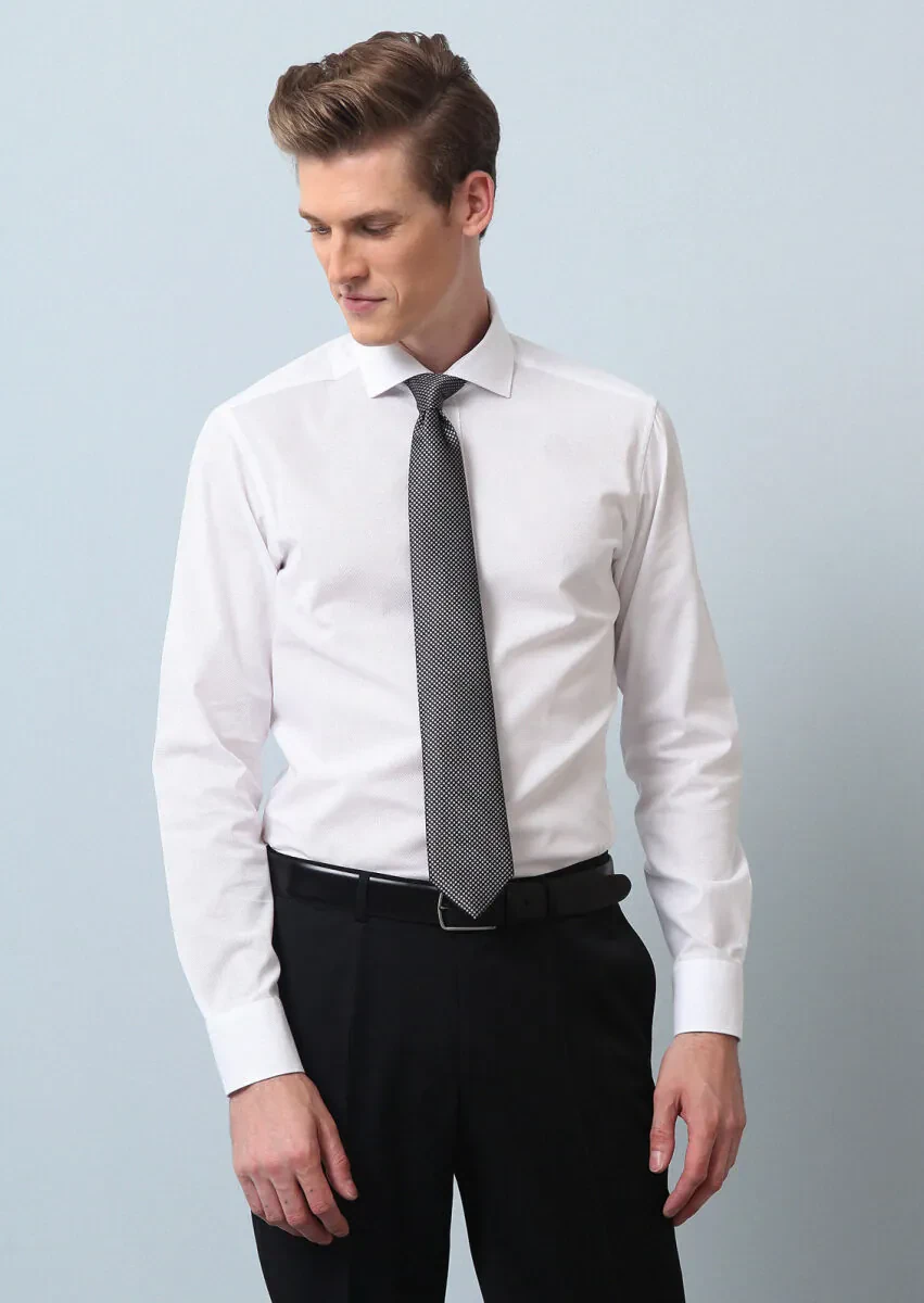 White Patterned Regular Fit Weaving Classical 100% Cotton Shirt - 1