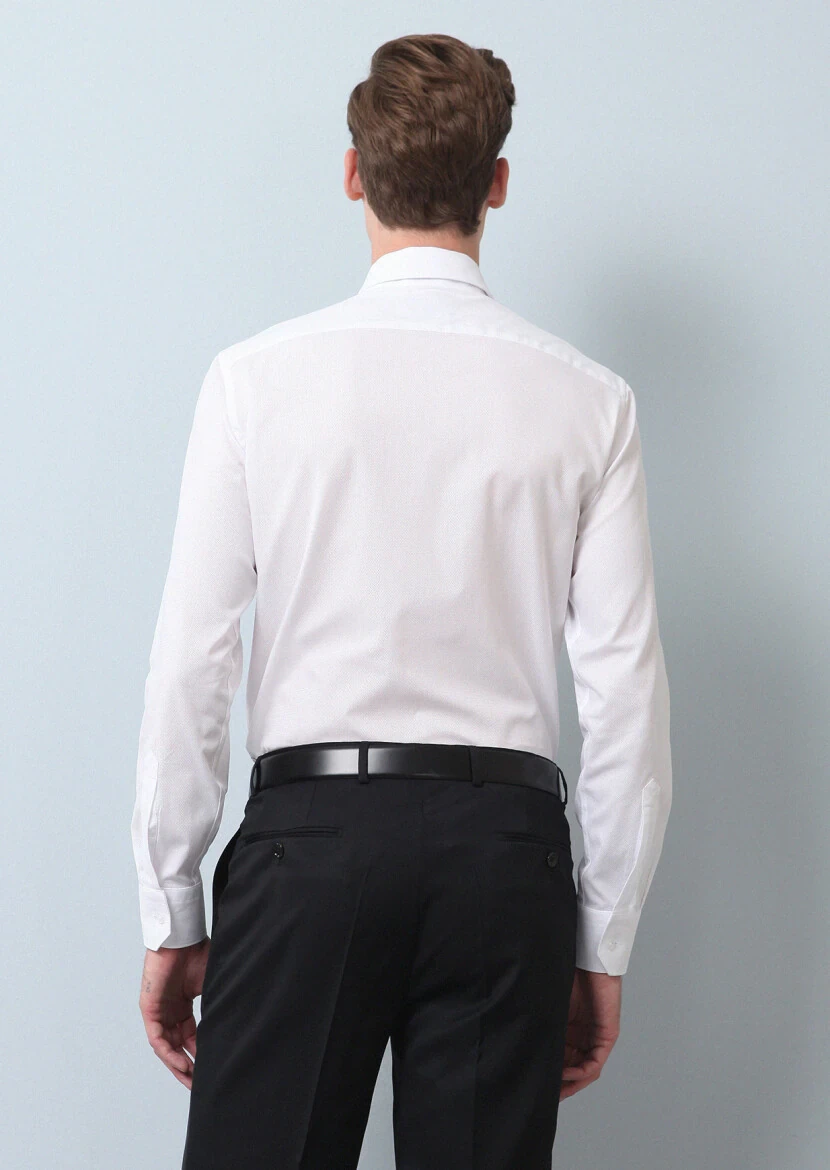 White Patterned Regular Fit Weaving Classical 100% Cotton Shirt - 5