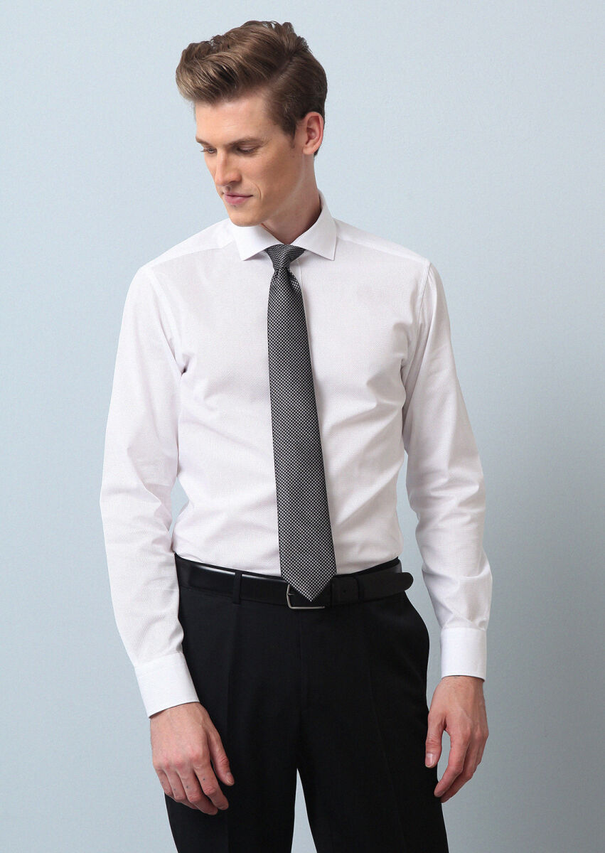 White Patterned Regular Fit Weaving Classical 100% Cotton Shirt - 1