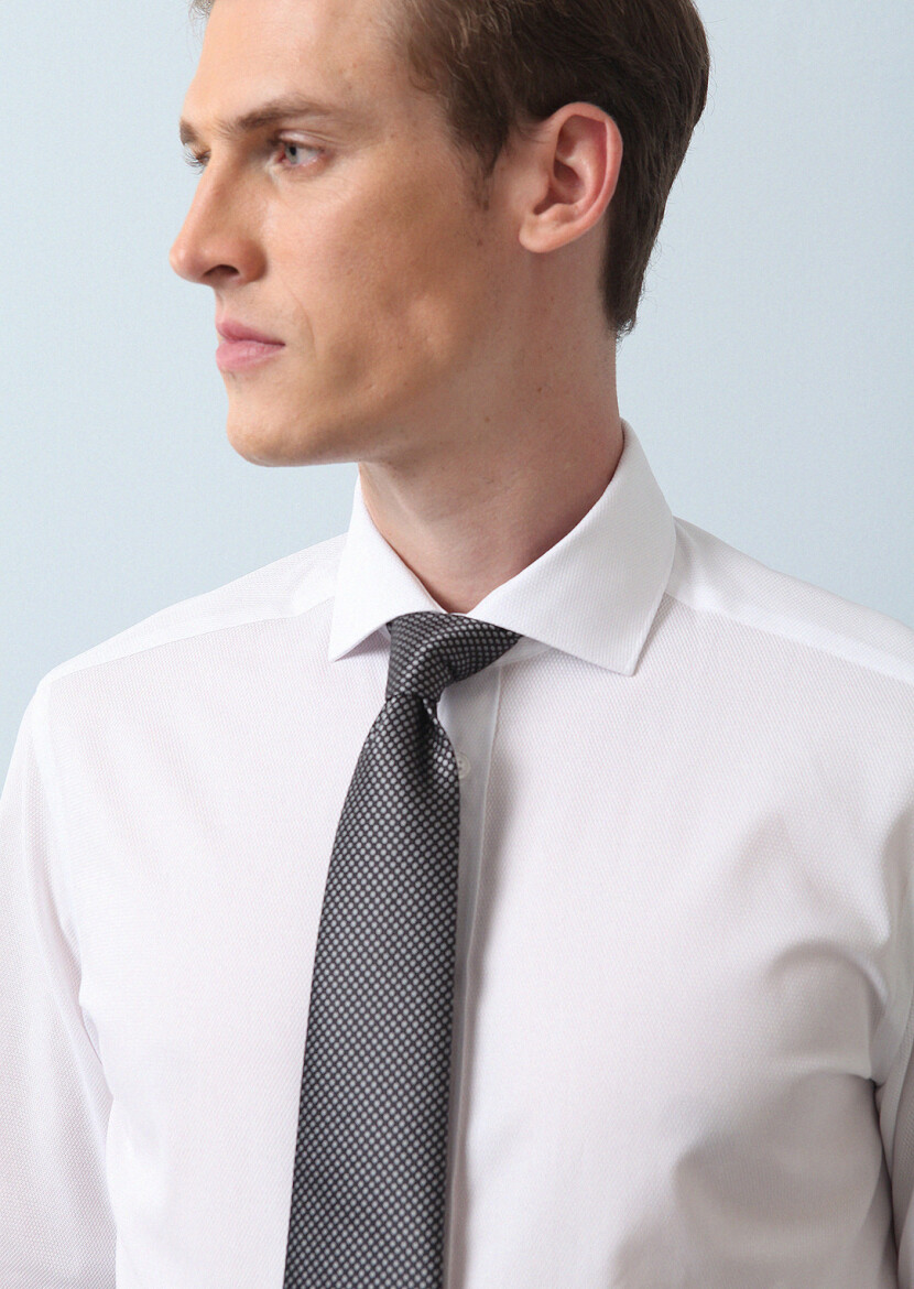 White Patterned Regular Fit Weaving Classical 100% Cotton Shirt - 2