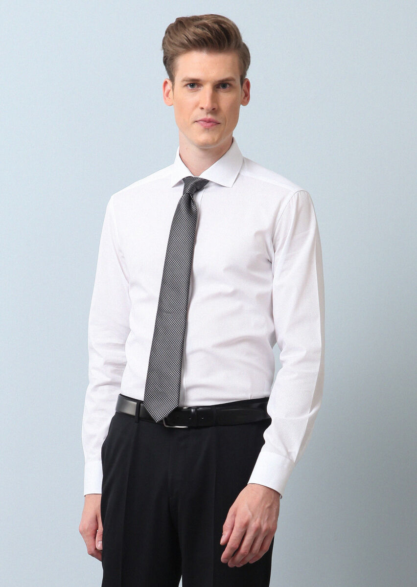 White Patterned Regular Fit Weaving Classical 100% Cotton Shirt - 4