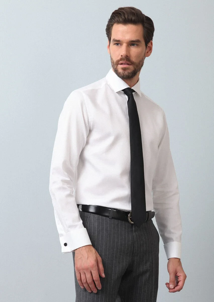 White Patterned Regular Fit Weaving Classical 100% Cotton Shirt - 1