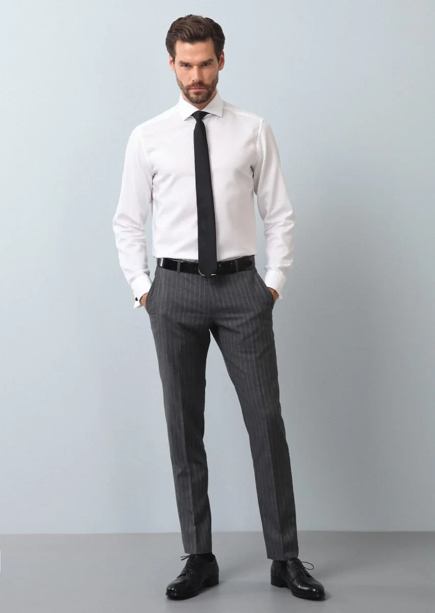 White Patterned Regular Fit Weaving Classical 100% Cotton Shirt - 4