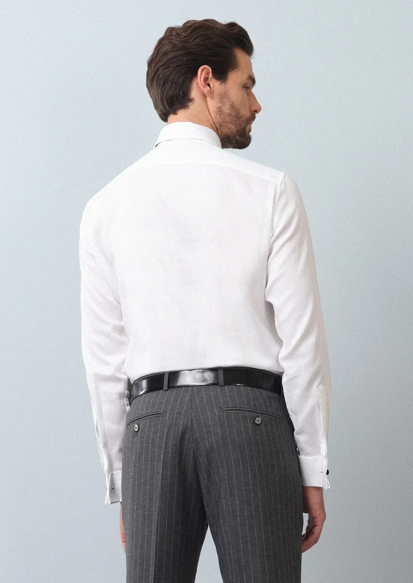 White Patterned Regular Fit Weaving Classical 100% Cotton Shirt - 5
