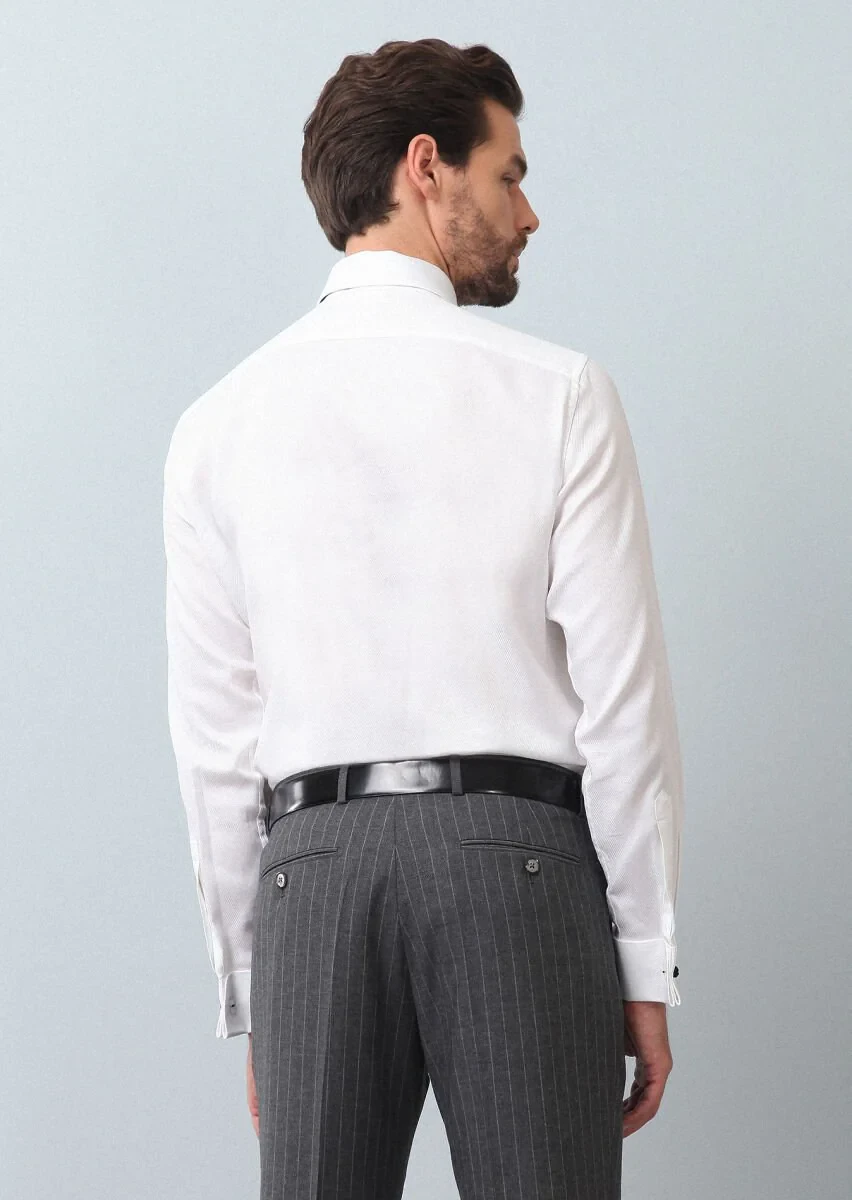 White Patterned Regular Fit Weaving Classical 100% Cotton Shirt - 5