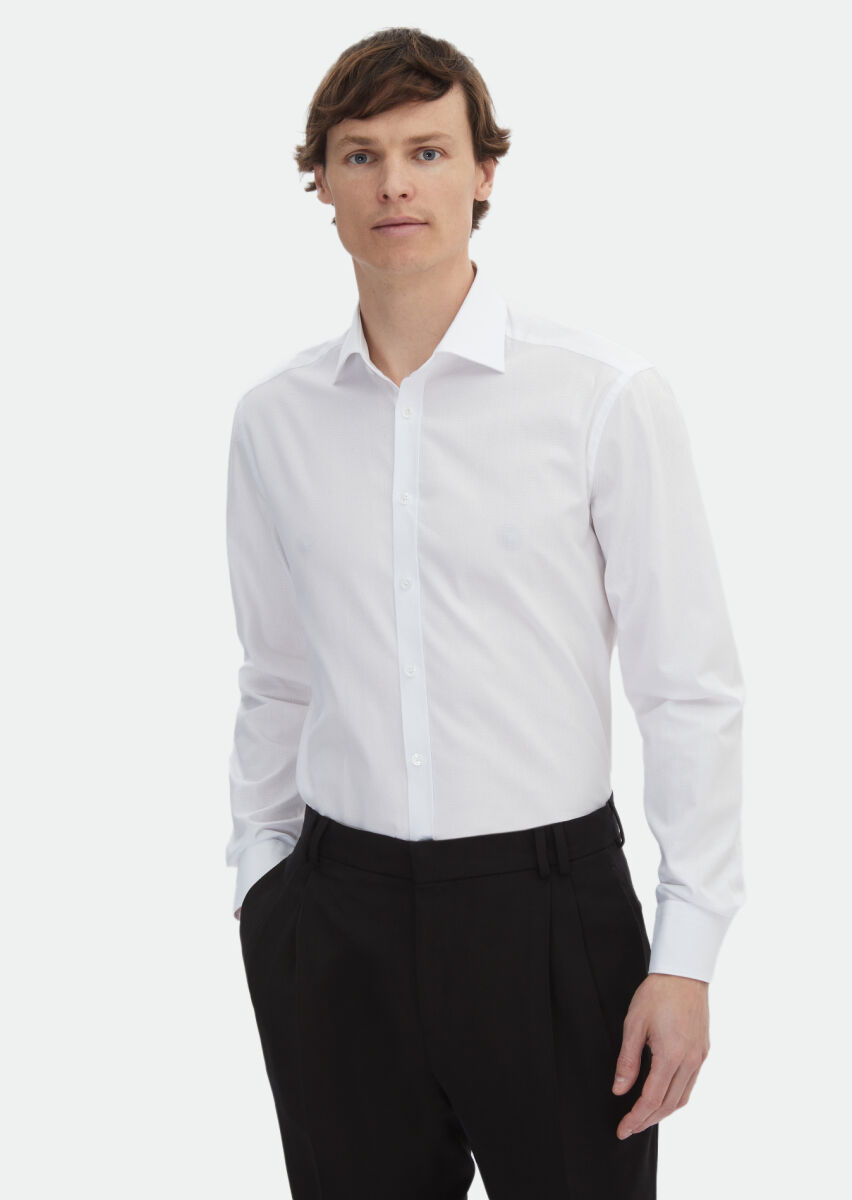 White Patterned Regular Fit Weaving Classical 100% Cotton Shirt - 1