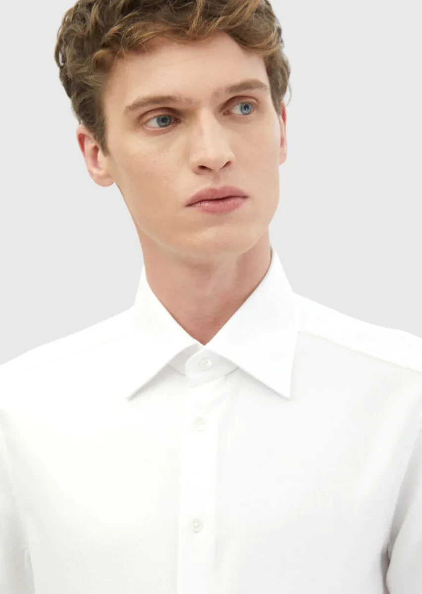 White Patterned Regular Fit Weaving Classical 100% Cotton Shirt - 3