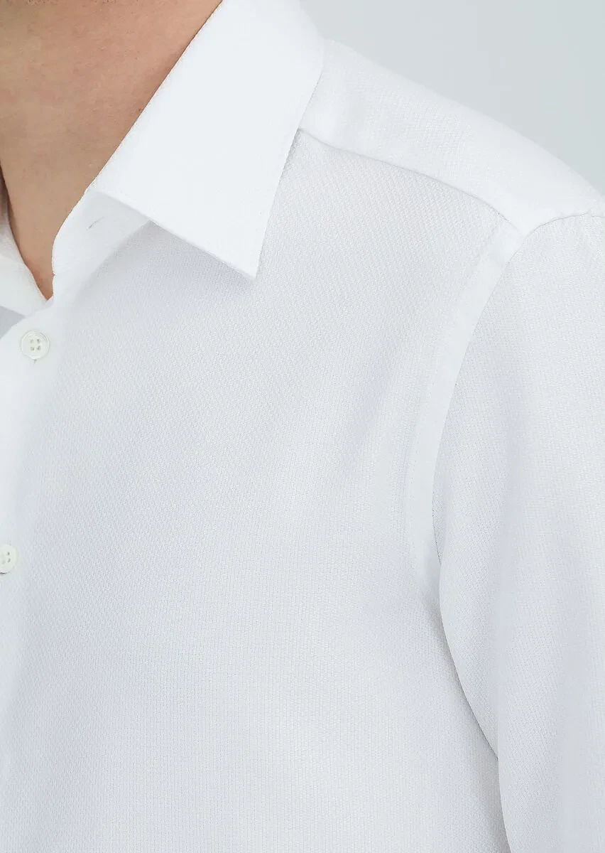 White Patterned Regular Fit Weaving Classical 100% Cotton Shirt - 3